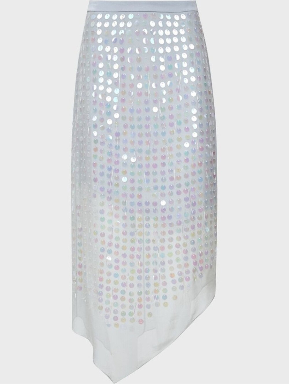 Cushnie High Waisted Sheer Skirt, Silk, Silver Asymmetrical Sequins Iridescent
